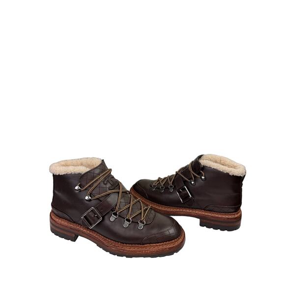 CHANEL Womens Brown Leather Shearling Lined Quilted Combat Lug Short Boot 39 - Picture 1 of 12
